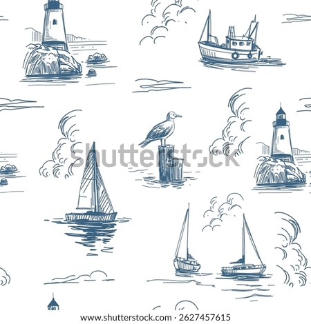 Nautical illustration seamless, pattern, sea, yachts, lighthouse, seagulls, realistic sketch, hand drawn vector