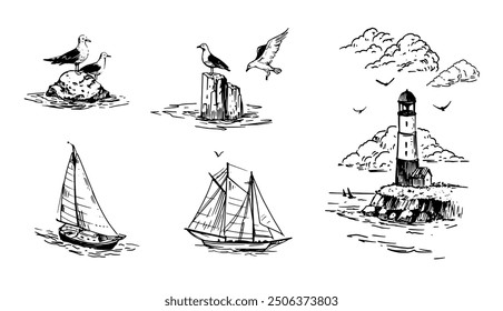 Nautical illustration set, sea, yachts, lighthouse, seagulls, realistic sketch, hand drawn vector