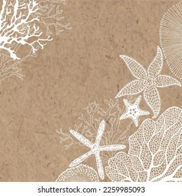 Nautical illustration with starfish and underwater plants on kraft paper. Vector. Invitation, greeting card or an element for your design. 