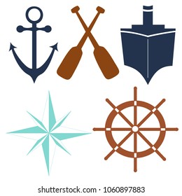 Nautical Illustration Vector Designs, Anchor, Ship, Oars, Helm, Compass Rose Vector Elements