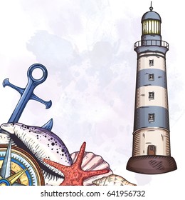 Nautical illustrations set. Hand drawn isolated vector drawings.