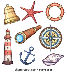Nautical illustrations set. Hand drawn isolated vector drawings.