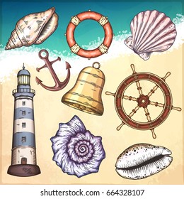 Nautical illustrations set. Hand drawn isolated vector drawings.