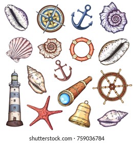 Nautical illustrations set. Hand drawn isolated vector drawings.