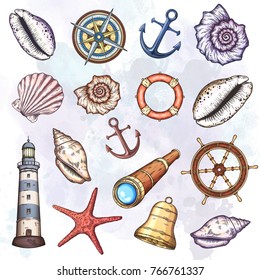 Nautical illustrations set. Hand drawn isolated vector drawings.