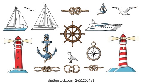 Nautical imagery collection featuring ships lighthouses anchors and maritime decorations