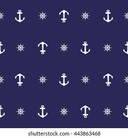Nautical Indigo Blue & White seamless pattern with anchors & ship wheels. Sea travel theme vector background. Use for textiles, interior decoration, web page background, product labeling. Editable 