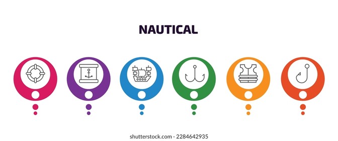 nautical infographic template with icons and 6 step or option. nautical icons such as life preserver, sea package, old galleon, fishing hook, life jacket, bait vector. can be used for banner, info