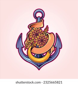 Nautical inspired floral wreath with ribbon acc vector illustrations for your work logo, merchandise t-shirt, stickers and label designs, poster, greeting cards advertising business company or brands