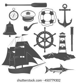 Nautical isolated black icon set equipment and form of the ships captain and marine elements vector illustration