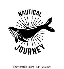 Nautical journey. Emblem template with whale illustration. Design element for sign, badge, t shirt, poster. Vector illustration