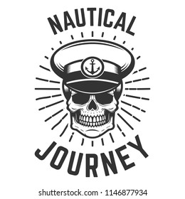 Nautical journey. Skull in boat captain hat. Design element for logo, label, emblem, sign.Vector illustration