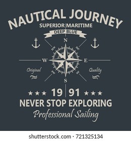 Nautical Journey T-Shirt Design Black and White. Vector.