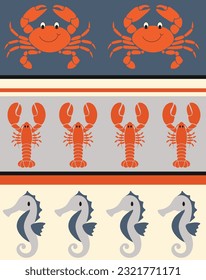 Nautical kids baby toddler sea horse marine life ocean animal swim lobster crab stripe print seamless pattern graphic vector artwork