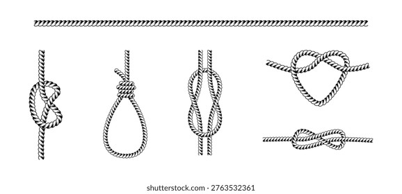 Nautical knot set illustrations, black and white rope designs, silhouette clipart elements