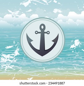 Nautical label with anchor on a blue sea background. Vector ocean illustration.