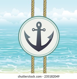 Nautical label with anchor on a blue sea background. Marine vector illustration.