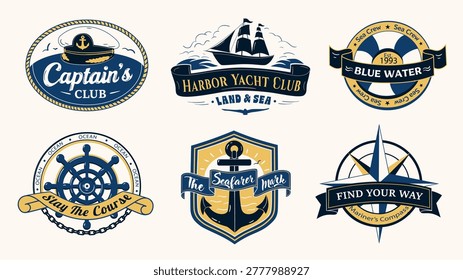Nautical labels elements set design. Collection with sailing emblems with captain club, harbor yacht club, blue water sea crew, seafarer mark and other maritime badge templates. Vector illustration.