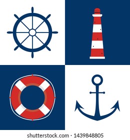 Nautical labels set. Symbol of anchor, ship rudder, lighthouse and lifebuoy. Nautical maritime illustration. Sea, maritime and ocean symbols.