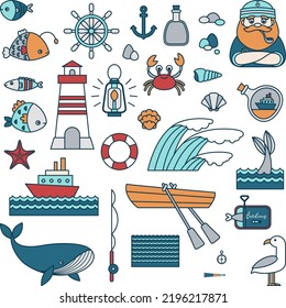 Nautical life cartoon icons. Sailor man's life isolated vector illustrations. 30+ colorful sea or ocean icons.