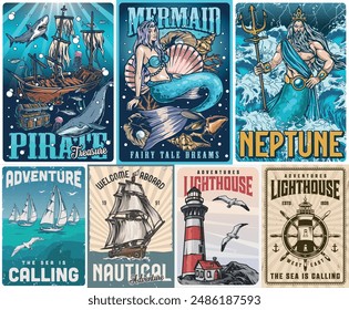 Nautical life set posters colorful pirate ship on ocean floor near yacht regatta and lighthouse with steering wheel vector illustration