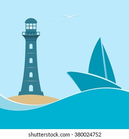 Nautical life.Lighthouse and sailboat on a navy background. Vector illustration.
