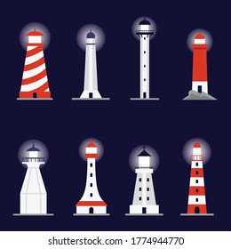 Nautical lighthouse or beacon building cartoon icons set of flat vector illustration isolated on dark background. Searchlight marine towers with glowing light collection.