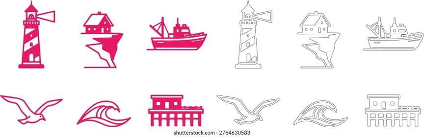 Nautical lighthouse boat cliff house seagull wave ship