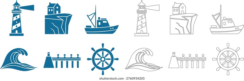 Nautical lighthouse boat ship wheel wave cliff house