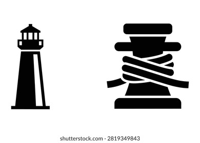 Nautical lighthouse and bollard with rope icons nautical navigation maritime safety harbor equipment icon port infrastructure navigation aid theme gear lighthouse