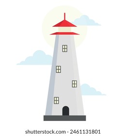 Nautical lighthouse cartoon navigation light tower with clouds vector flat illustration. Marine direction guide hope safety seaside construction beacon for warning signal searchlight building