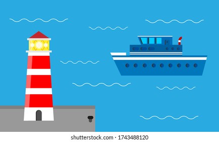 Nautical lighthouse harbor and floating ship - Vector illustration
