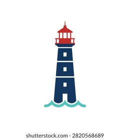 Nautical lighthouse icon with red top and ocean waves. A flat design icon of a lighthouse featuring a navy blue tower and red lantern room standing above light blue sea waves. Ideal for travel apps or maritime branding.