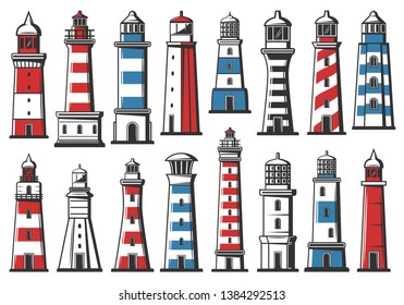 Nautical lighthouse icons, seafarer marine safety sailing light beacon buildings. Vector sea navigator beacon towers architecture with signal light beams