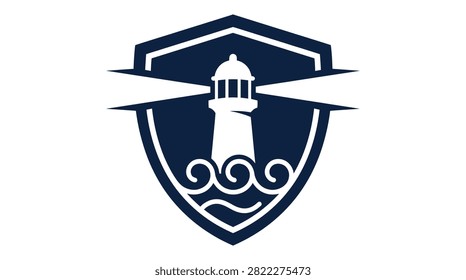 Nautical lighthouse logo in a crest frame for security or guidance.