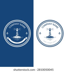 Nautical lighthouse logo design with rope border, anchors, ribbon banner, and ocean waves. Perfect for branding, maritime business, coastal company, sailing club, or nautical theme identity. Available in dark and light versions for versatile use.