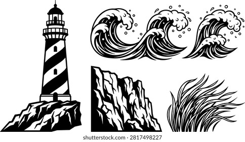 Nautical Lighthouse and Ocean Waves Silhouette Vector Set with Rocky Coastal Cliffs Stormy Sea Waves and Beach Grass Graphic Elements.eps