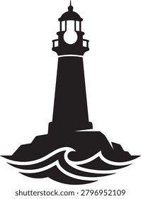 Nautical lighthouse on rocks, sea waves coastal silhouette.
