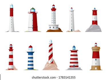 .Nautical lighthouse and sea navigation beacon isolated icons. Vector lighthouse towers on ocean coast or marine shore with searchlight lamps and balustrade fence, nautical navigation equipment symbol