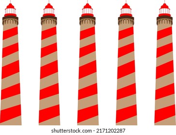 Nautical lighthouse sea navigation beacon isolated navy guidance equipment. Vector marine tower with searchlight lamp, red striped building icon. Retro tower construction with entrance on rocks