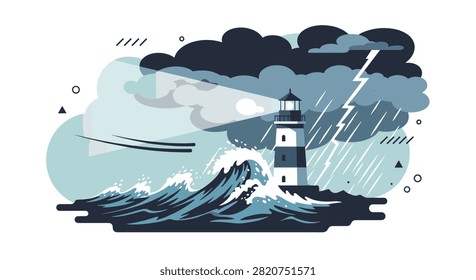 Nautical lighthouse shining light through dark storm clouds during a severe sea tempest with high waves.