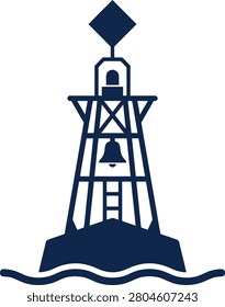 Nautical lighthouse silhouette with a bell, standing on water, symbolizing guidance and safety
