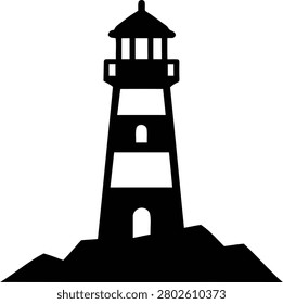 Nautical lighthouse silhouette vector graphic stands firm on rocks, a symbol of guidance and maritime safety.