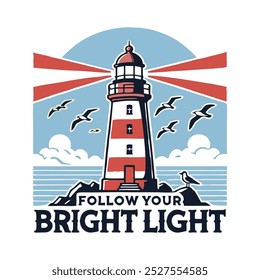 Design de camiseta de farol náutico com citação inspiradora