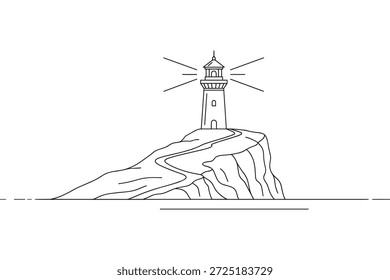 Ícone de vetor de farol náutico na borda da montanha. Esboço da paisagem da costa do oceano. Símbolo de farol marítimo para o conceito de segurança e navegação.