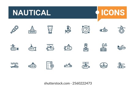 Nautical line icons set. Includes icons for sailing, fish, sailor, lifebuoy, oar and more. Minimal linear icons. Vector outline and solid icons collection.