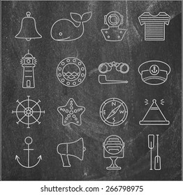 Nautical line icons set  on a black background