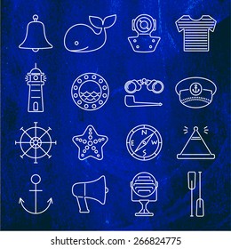 Nautical line icons set on a dark blue background
