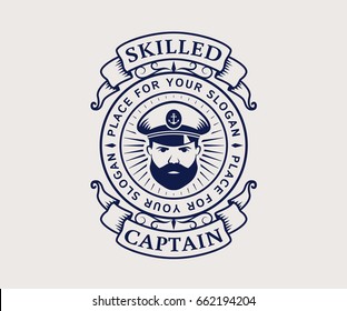 Nautical logo with captain icon. Elegant vintage emblem isolated on white background. Vector template for cruise ship, sea travel agency or other marine companies.