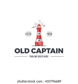 Nautical logo design, icon Old captain emblem with sea elements - lighthouse, seagulls, sunburst. Sailing label or badge. Use for web projects, printing on t-shirt. Isolated on white background.